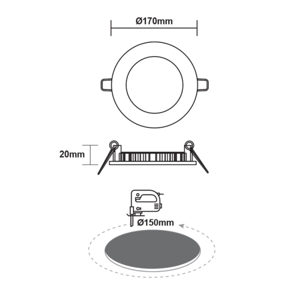 LED SLIM PANEL WHITE ROUND REC. 12W 3000K 1040Lm fi170 230V AC - ACA